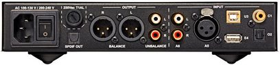 Nuprime DAC-9 black audio DAC converter, rear view, RCA and XLR audio connectors, optical and USB inputs, switch