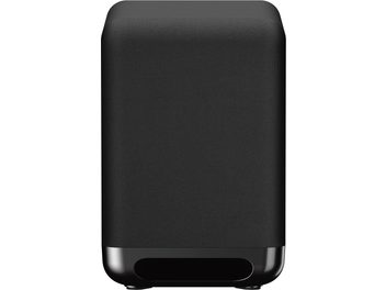 Sony SA-SW5 svart subwoofer, rektangulärt kabinett med rundade hörn klätt i akustiskt tyg och markerat med en blank svart plastbas med frontplacerad port, sedd framifrån