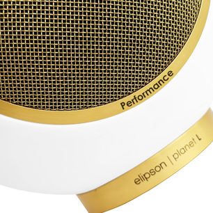 Elipson Planet L Performance 2.0 mat witte gouden luidspreker met ronde gouden grille en zwarte opschriften
