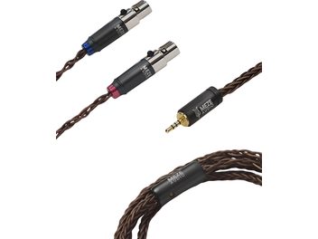 Premium mini XLR į 2,5 mm Jack Meze Audio laidas, pintas rudos spalvos varinis apvalkalas, juodi ir sidabriniai metaliniai jungikliai su mėlynais ir raudonais žymekliais, paauksuotas 2,5 mm Jack, dalinis vaizdas iš viršaus