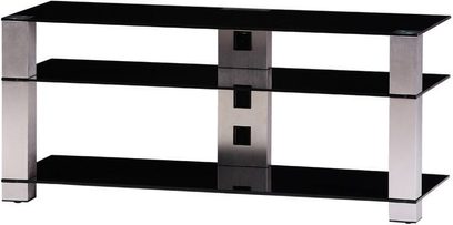 Sonorous PL3400 sort TV-møbel, 3 sorte glashylder, børstet aluminiumsramme, set forfra
