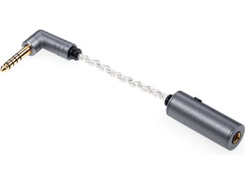 Adaptador de fones iFi Audio iEMatch 4.4, corpo em metal cinza, cabo trançado prateado, jack 4,4 mm em ângulo, tomada fêmea 4,4 mm