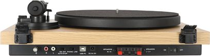 Hi-fi gramofon Enova HIFI Vision 2 SET Beech, zadnji pogled, podstavek iz svetlega lesa, črn krožnik, vidni priključki in gumbi