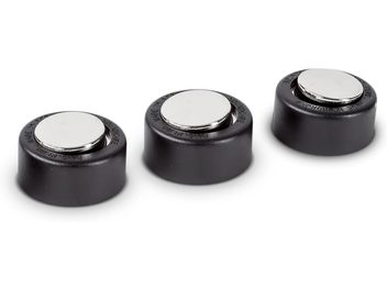 Three round black metal spike feet with a flat, shiny disc on top, viewed from the front