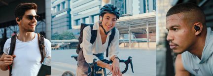 Trois personnes portant des écouteurs sans fil, deux avec des sacs à dos, une avec un casque de vélo, en extérieur urbain