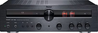 Magnat MR 780 sort hi-fi stereforstærker, front med knapper, drejeknapper, hovedtelefon- og mikrofonindgange, LED-display, set forfra