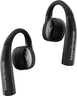 Casque intra-auriculaire Beyerdynamic VERIO 200, noir, vue de face, 2 écouteurs, forme incurvée, logo visible, fond blanc