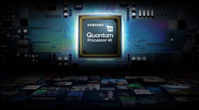 Samsung QE65Q64R Quantum 4K-processor på digital blå baggrund med film- og tv-serieomslag i forgrunden