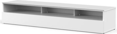 Meuble TV blanc laqué avec 2 compartiments ouverts et 1 tiroir central, design épuré et moderne