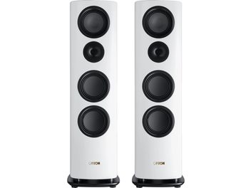 Pair of Canton Reference 5 matte white floorstanding speakers, front panel with four aligned black drivers