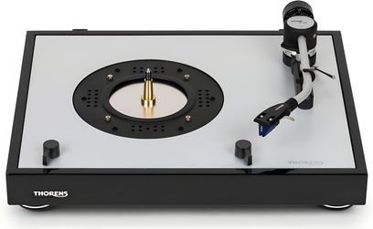 Hi-fi pladespiller Thorens TD 403 DD sort lakeret, set ovenfra, sort rund plade, tonarm med pickup