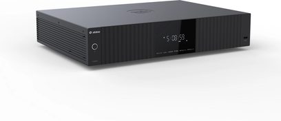 Reproductor multimedia UHD8000, vista en perspectiva, carcasa rectangular negra, pantalla digital central, puertos laterales