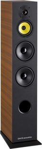 Sloupová reprosoustava Davis Acoustics Vinci 3D ořech, 3 černé reproduktory, žlutý výškový reproduktor, černá čelní strana, pohled zepředu