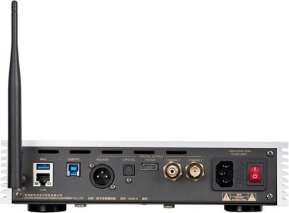 Case rettangolare in alluminio argentato Cayin iDAP-8, vista posteriore, pannello metallico nero con antenna Wi-Fi a sinistra, porte LAN e USB blu, uscite XLR AES/EBU, ottica, I²S/DSD, due uscite coassiali RCA dorate, presa di corrente IEC e interruttore rosso