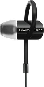 Černá intraaurální sluchátka Bowers & Wilkins C5 S2, pohled z levého profilu, silikonové nástavce, kabel a konektor