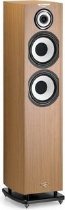 Enceinte colonne Cabasse Majorca MC40 cerisier clair, vue de face, caisson bois clair, 3 haut-parleurs noirs circulaires alignés verticalement