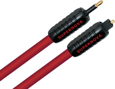 Dva digitální optické kabely Wireworld Supernova 7 Toslink v červené a černé barvě, délka 2 metry, se zlacenými konektory