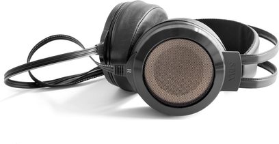 Åbent hi-fi hovedsæt STAX Omega SR-007 Reference MK 2 sort, set fra venstre profil, runde ørepuder, polstret hovedbøjle