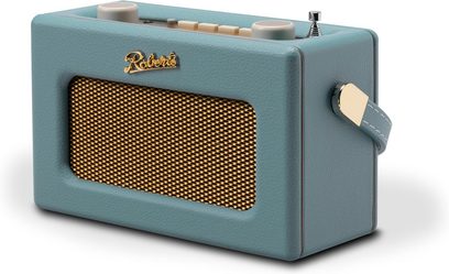 Rádio FM Roberts Revival Uno BT v nebesky modré barvě s texturovanou umělou kůží, zlatým předním mřížkováním, dvěma velkými krémovými tlačítky na vrchní části, barevně sladěným bočním popruhem, pohled z pravého předního tříčtvrtečního úhlu