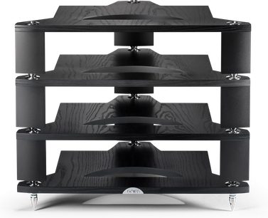 Naim Audio FraimLite hi-fi møbel med sort base, 4 åbne hylder, koniske fødder, set forfra