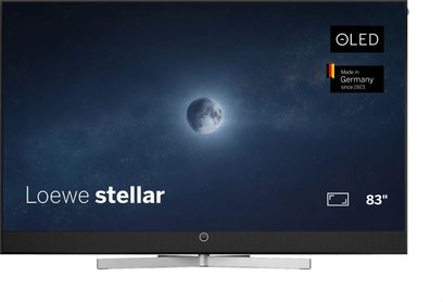 Téléviseur Loewe Stellar 83 DR+ noir vue de face, écran OLED à bord fin avec barre de son intégrée et pied argenté
