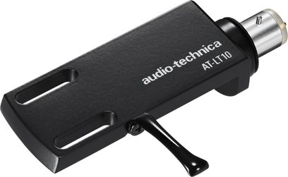 Portatestina Audio-Technica AT-LT10 nero in metallo visto in tre quarti, corpo rettangolare testurizzato con due fessure di fissaggio, leva curva e connettore cilindrico argentato