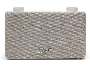 Roberts Play 11 tafelradio in crèmekleurig textiel, rechthoekige voorkant met afgeronde hoeken, metalen logo rechtsonder en twee witte draaiknoppen bovenaan, vooraanzicht
