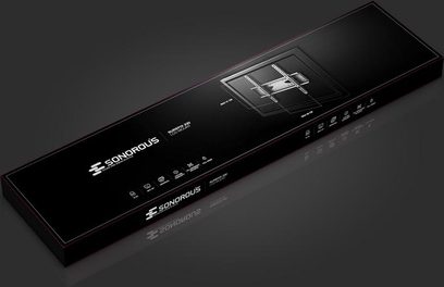 Vægmonteret TV-stander Sonorous SUREFIX230 sort, set forfra, med berøringsskærm der viser tekniske oplysninger
