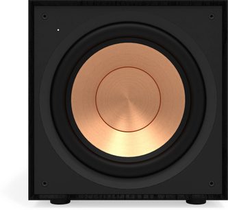 Klipsch R-101SW sort subwoofer, centralt kobber-højttalerelement, front, mørkt gulv