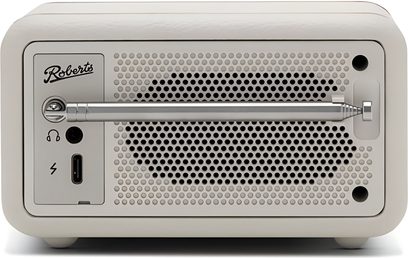 Reproduktor Roberts Revival Petite 2 krémový, koženka, pohled zepředu, perforovaná mřížka, teleskopická tyč, porty pro sluchátka a USB‑C