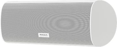 Draadloze verbonden luidspreker Piega Ace Center Wireless wit, vooraanzicht in hoek, geperforeerd rooster, gecentreerd logo