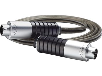 Cablu audio analogic DIN Naim Audio Super Lumina, cu manta împletită gri, conectori metalici argintii și negri în prim‑plan