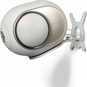 Podpora nástěnného reproduktoru DEVIALET Gecko Light Pearl v bílém kovovém provedení s platinovým křížovým držákem a výkyvným ramenem, boční pohled