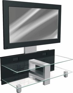 Must TV-mööbel klaasist ja metallist, 2 pöördplaati, 2 riiulit, kroomitud jalad, 3/4 vaade eest