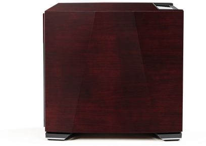 Paradigm XR 13 dark cherry subwoofer, front view, cubic shape, glossy dark wood finish, black grille