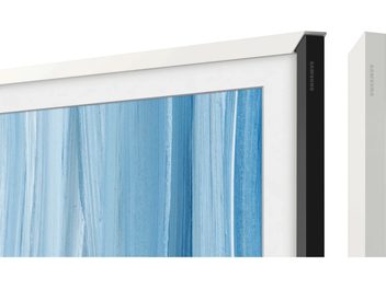 White frame for Samsung The Frame TV, close-up of the corner with a thin bezel and screen displaying a blue visual