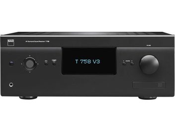 Amplificator home cinema NAD T758 V3 grafit, față frontală cu ecran LCD albastru afișând "T 758 V3", butoane și mufe