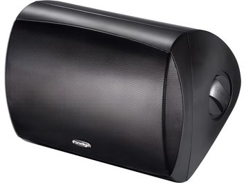 Paradigm Stylus 470-SM must väliskõlar, perspektiivvaade, kumer metallvõre, must korpus, nähtav logo