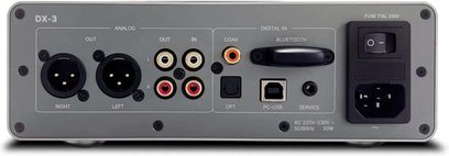Bagside af Rotel DX-3 high-fidelity hovedtelefonforforstærker i gråt metalhus, udstyret med to XLR-udgange, fire RCA-stik, koaksial indgang, optisk port, USB-B-port, Bluetooth-modul, afbryder og IEC-strømstik