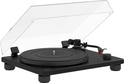 Sonoro Platinum EAS Hi-Fi Turntable, automatic, matte black with a raised transparent cover, circular platter, and tonearm.