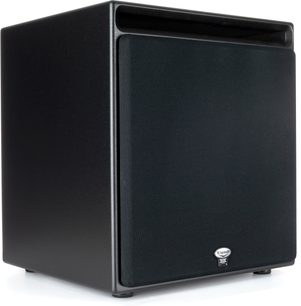 Diffusore home cinema THX-1200-SW nero, vista angolare, forma cubica, griglia frontale, logo in basso, piedini discreti