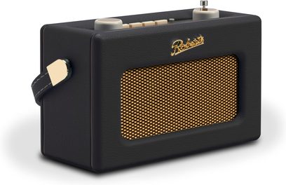 Roberts Revival Uno BT bordradio, rektangulært kabinet i sort kornet kunstlæder, gylden metalgitter, sort sidehåndtag med gyldne ender, cremefarvede knapper og indbygget sølvfarvet teleskopantenne på toppen, set fra tre kvart forfra