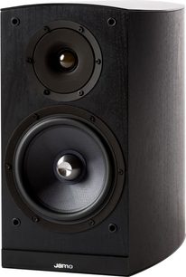 Jamo C803 black bookshelf speaker, wood cabinet, dome tweeter, black cone woofer, front face, white logo