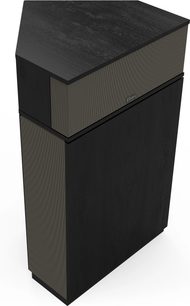 Klipsch Khorn AK7 gulvhøjttaler Black Ash sort finish set fra vinkel med træpaneler og teksturerede frontgitre