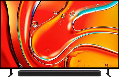 Sony 65 BRAVIA 7 (65XR70) fladskærm, set forfra, abstrakt rød og orange billede, sort stander, soundbar nedenunder