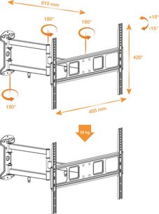 Vægmonteret TV-beslag Norstone Arran D3770-RSD, teknisk diagram med dimensioner i mm og kg, front- og sidevisninger ved 180°, 420° og +10°/-15°