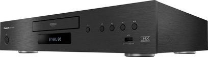 Panasonic DP-UB9000EG1 juodas 4K „Blu-ray" grotuvas, priekinis vaizdas su ekranu, mygtukais ir prievadais