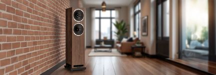 Cassa acustica a colonna in legno marrone, due altoparlanti circolari, condotti reflex rettangolari in basso, vista a tre quarti