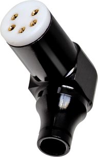 Cardas Iridium Phono-kabel 1,25m DIN, sort cylindrisk stik, set fra vinkel, 4 forgyldte ben på hvid baggrund