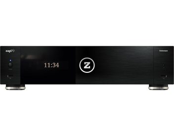 Multimediální přehrávač Zappiti Reference černý, pohled zepředu, bílé LED zobrazení "11:34" a bílé logo "Z" na černém pozadí